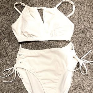 NWT White 2 piece swim suit- high waisted, lace up bottoms with halter top